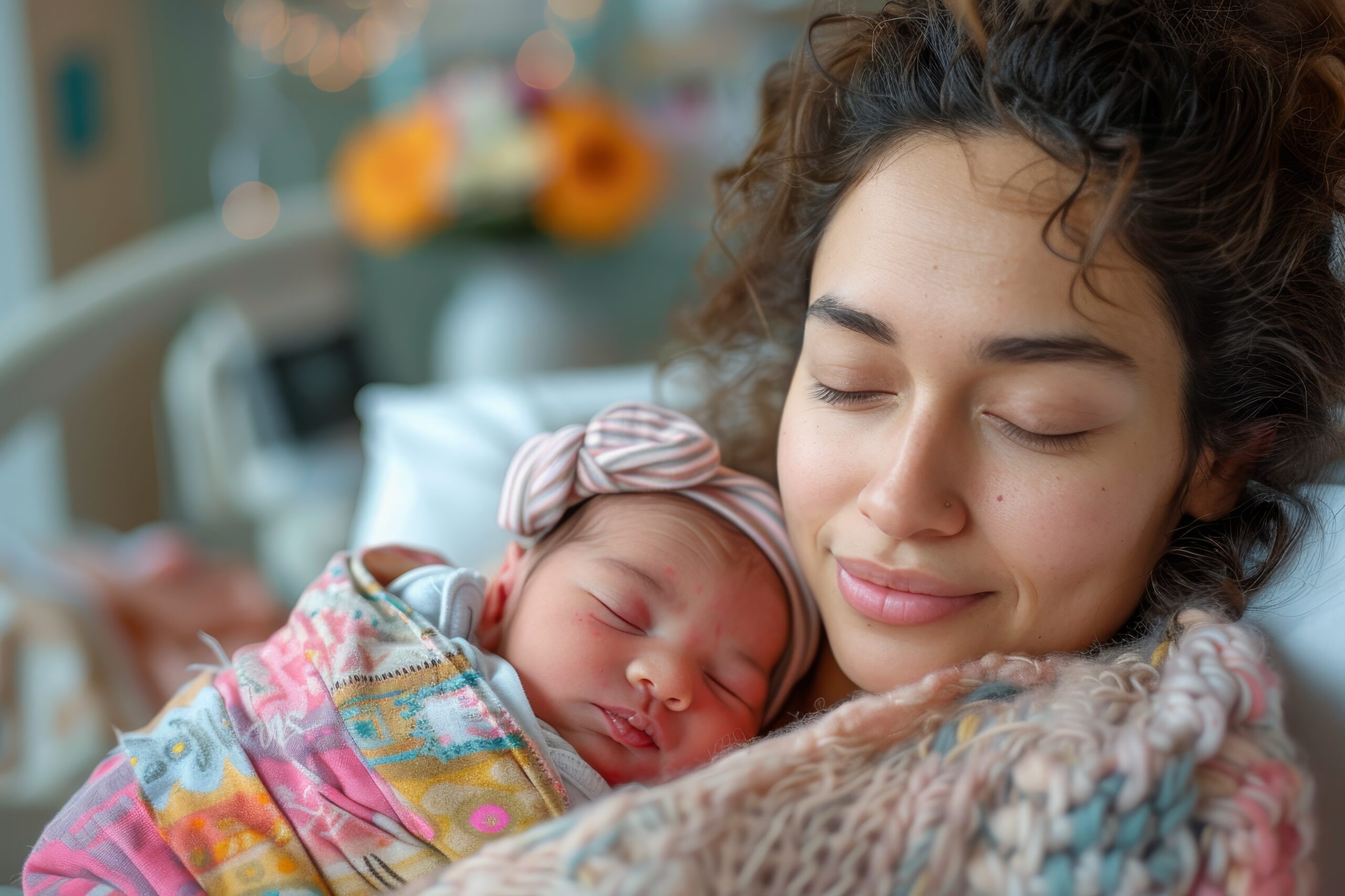 Picture of mother and daughter cuddling after birth inside of hospital.