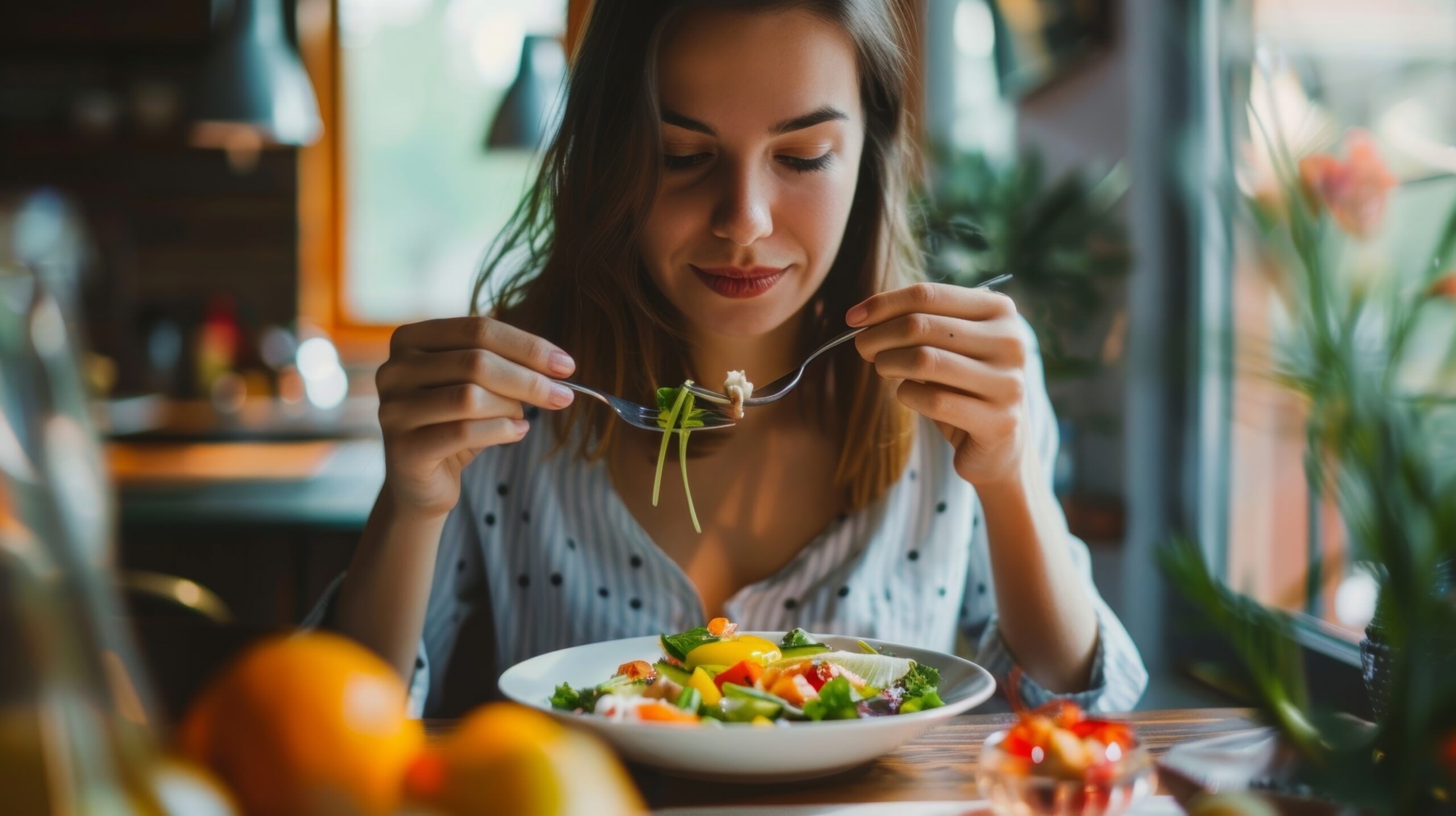 A person practicing mindful eating savoring each bite and being fully present in the moment.