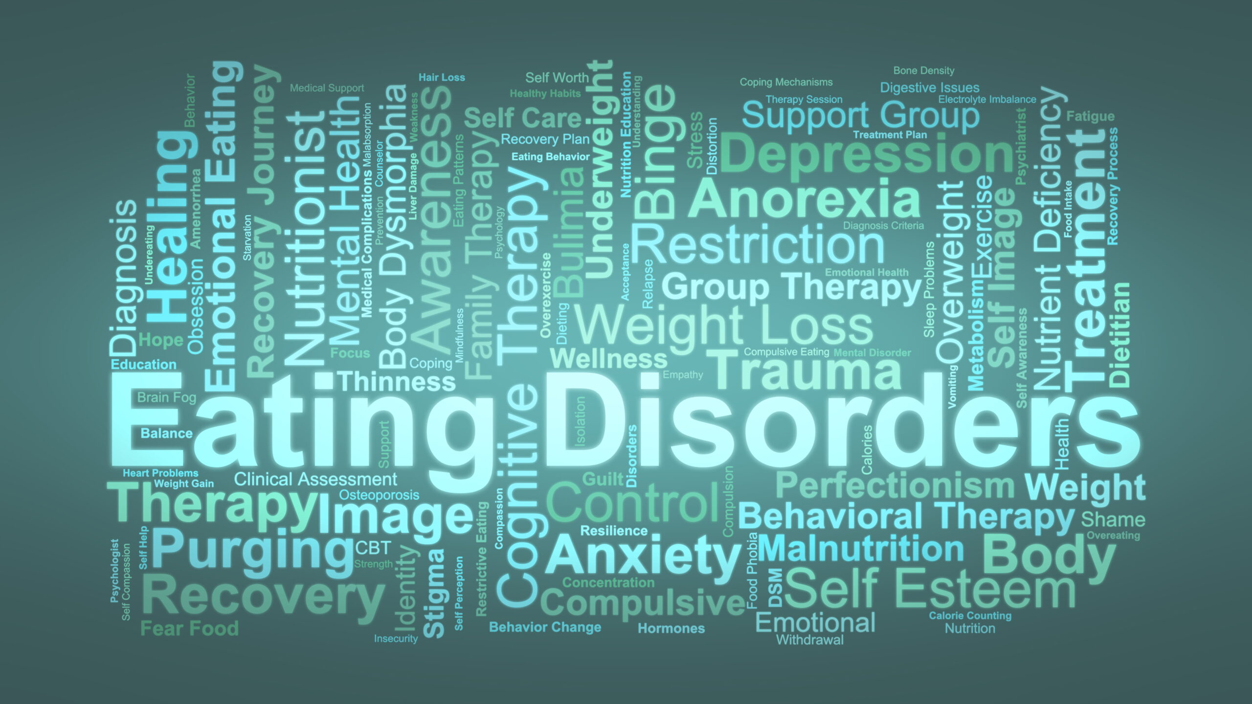 Word cloud graphic illustrating eating disorder support concepts including recovery, therapy, body image, anxiety, and trauma.
