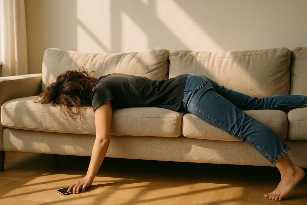 Woman lying face down on a couch, representing the deep physical and emotional exhaustion of autistic burnout and the need for rest during recovery