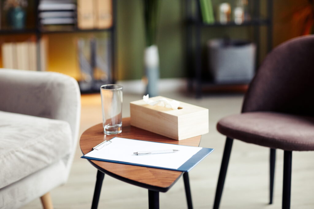 Comfortable therapy office for clients using out-of-network mental health benefits.